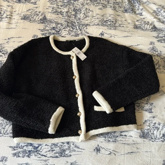 ANN TAYLOR Boucle Contrast Trim Sweater Jacket - Picture 2 of 6